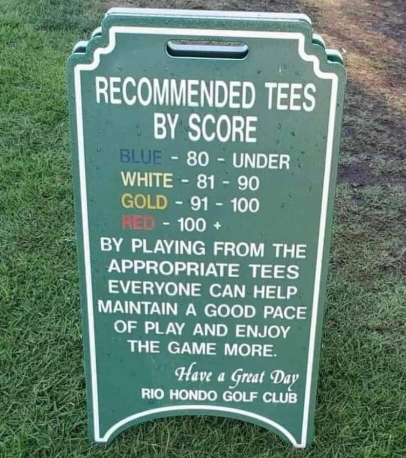 plaque describing which colored teebox to play from