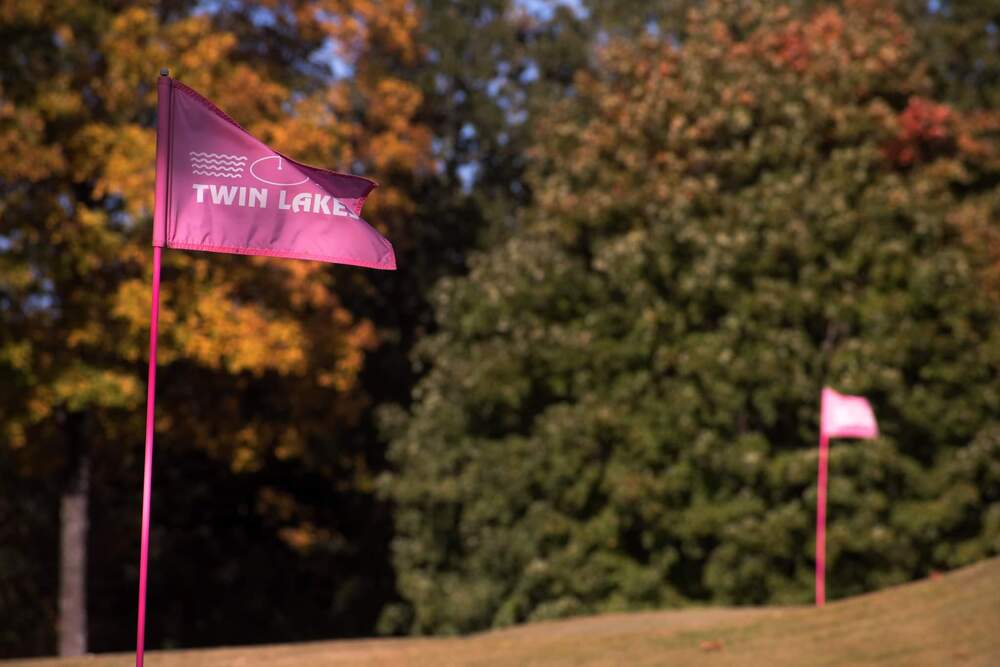 2 Twin Lakes golf course Pink Flags and autumn trees
