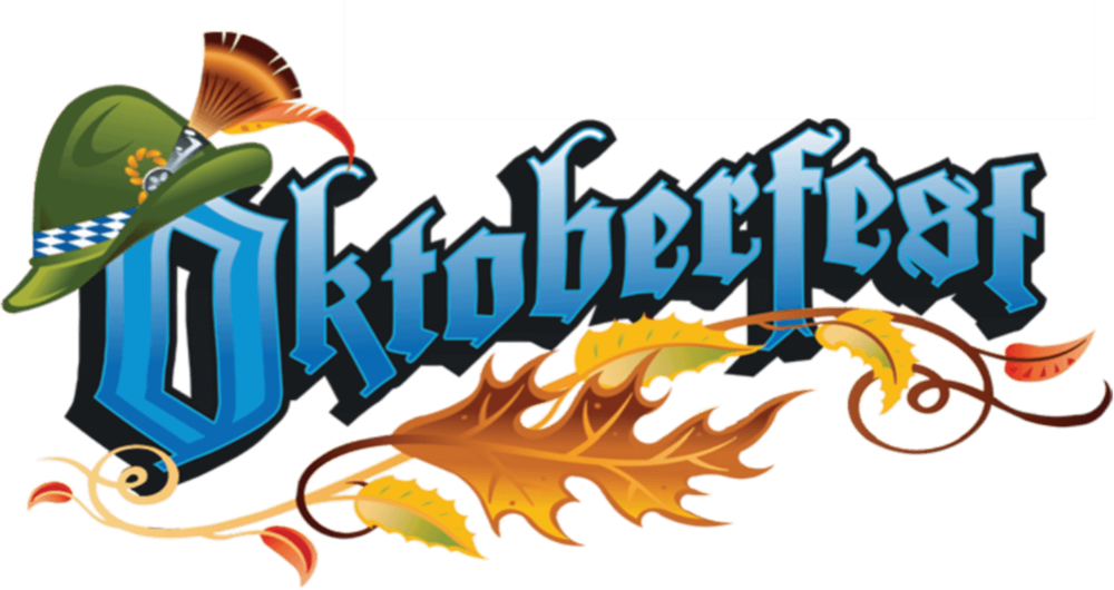 Oktoberfest letters in blue, green hat on letter O, swirly line and autumn leaves under word.