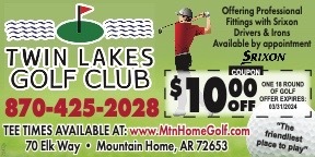 $10 off one round of golf coupon from newspaper. Green background, twin lakes icon and a guy swinging a golf club..