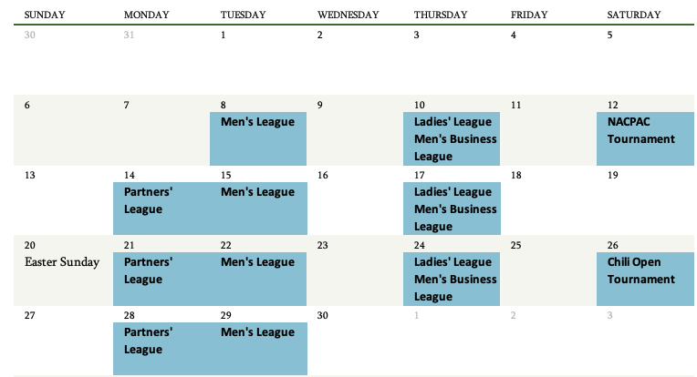 April Calendar of events