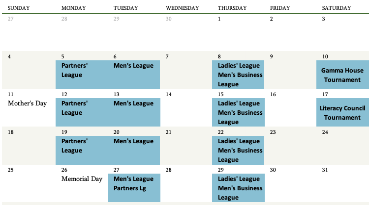 May Calendar of events