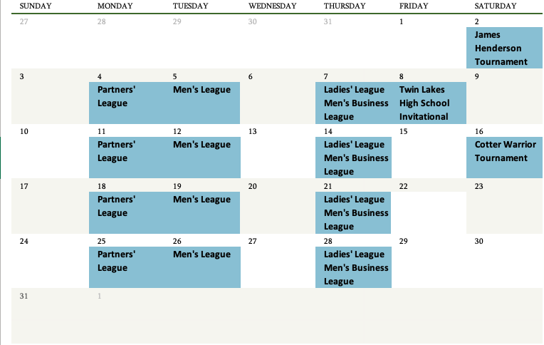 August Calendar of events