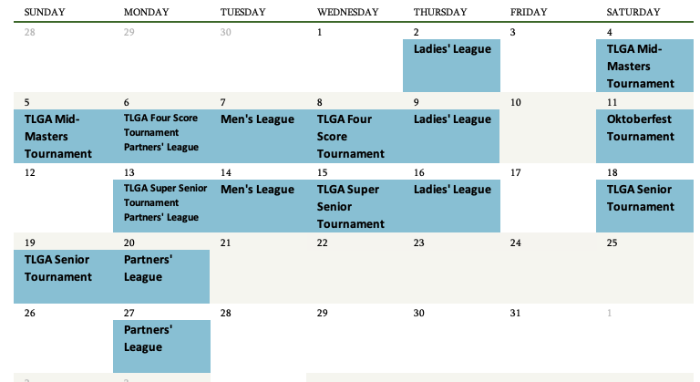 October Calendar of events